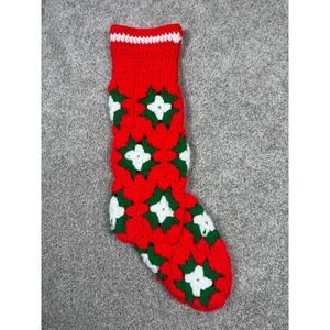 Vintage Granny Square Christmas Stocking Crocheted Country White Red Green 18"